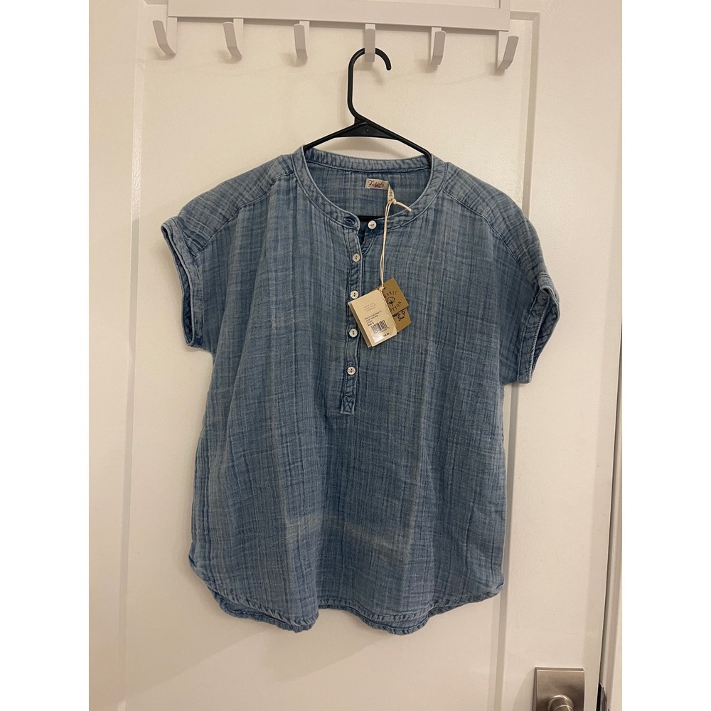 Faherty NWT Organic Cotton Gauzy Muslin Blouse Blue Front Button